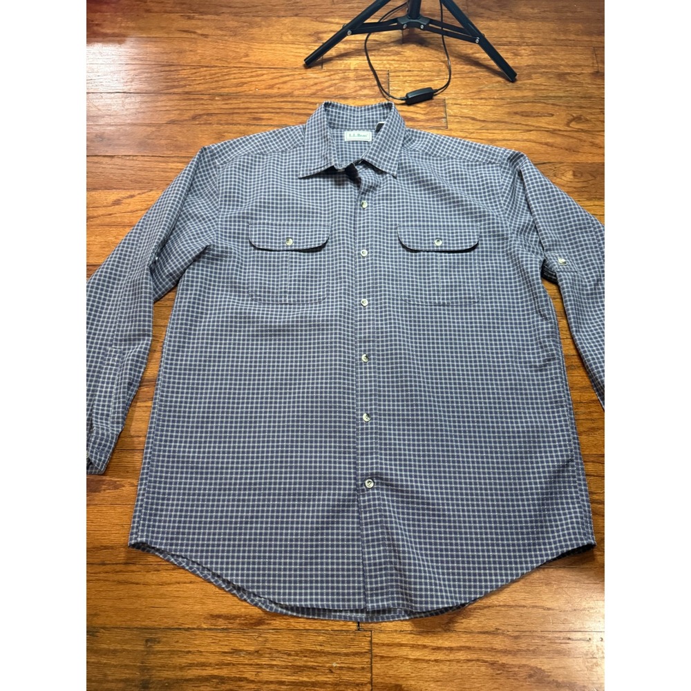LL Bean Mens Blue White Micro Check Plaid Button Up Shirt Large Two Pocket L.L.